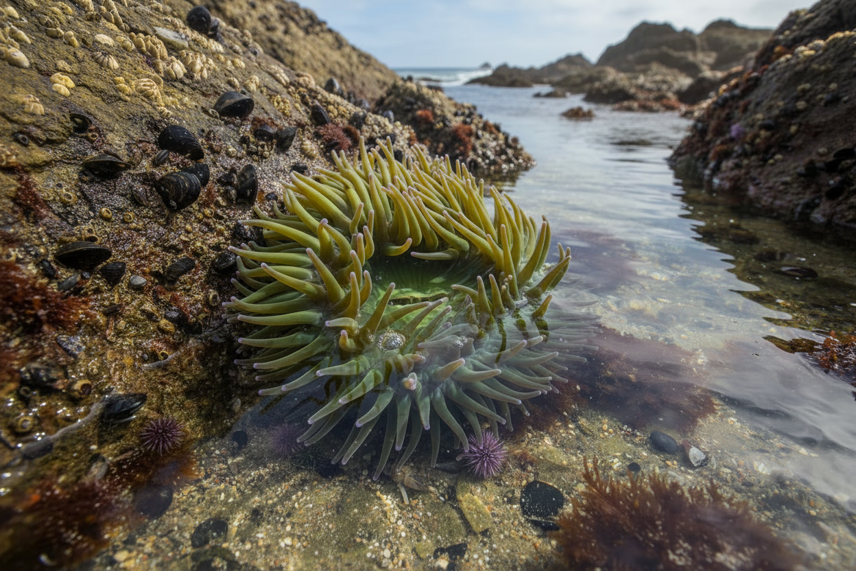 A green sea anemone in an ocean inlet next to a rock covered with mussels and with a sandy sea bottom and tiny shells.